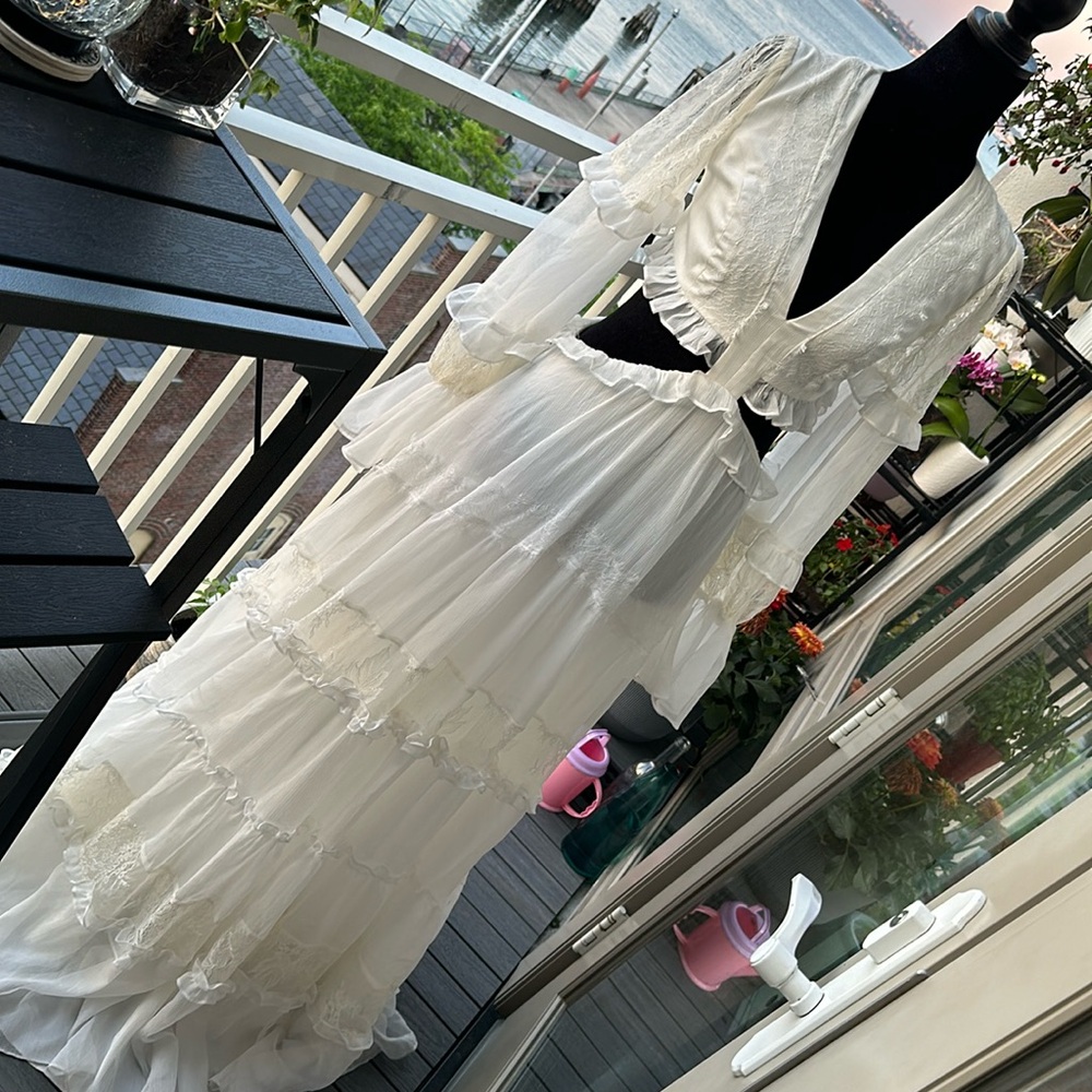 New $895 PatBo lace trim maxi dress, white, bridal.